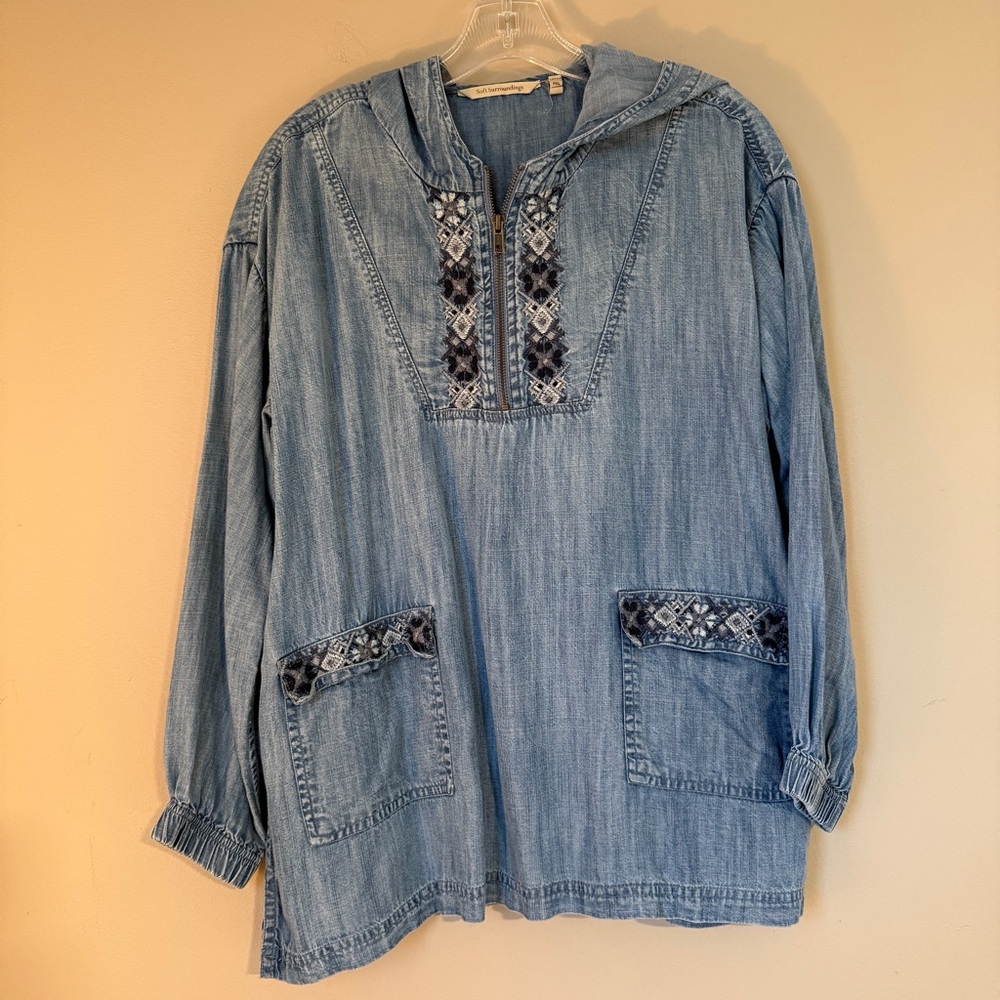 Soft Surroundings Evie Tencel Denim Hoodie Tunic Top Embroidered Blue PXL